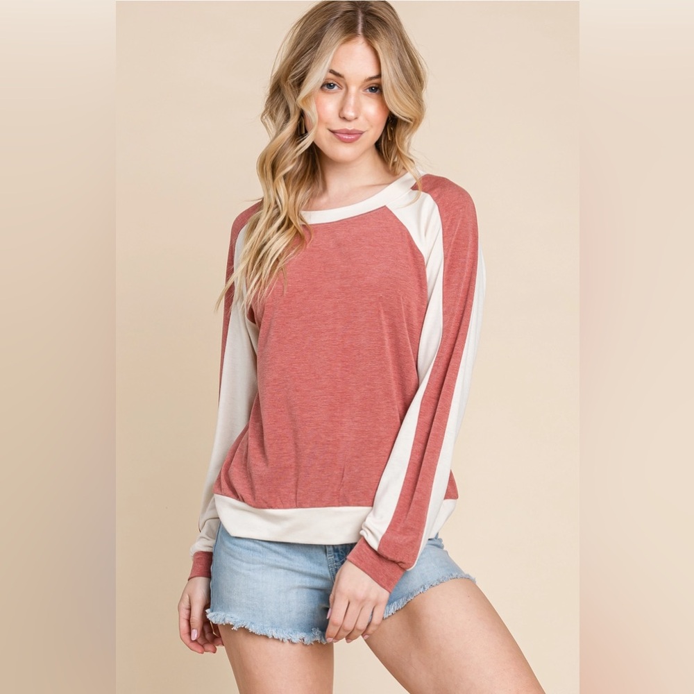 Soft Contrast Solid Long Sleeve Top in Rust/White